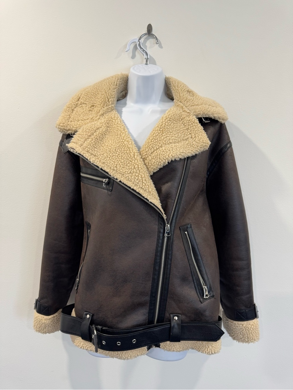 Brown Shearling-Lined Moto Jacket with Cream Collar